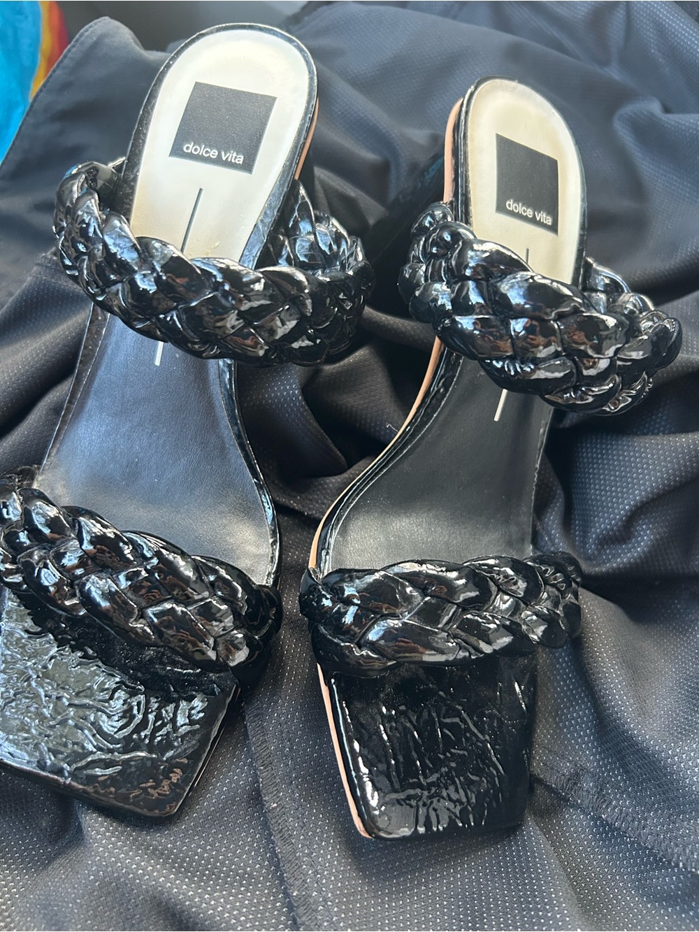 Dolce Vita Patent Black Braided Two-Strap Heels